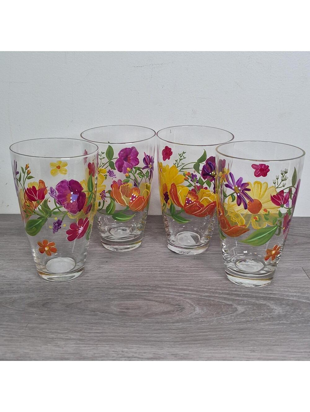 Pier 1 Tall Tumbler Set of 4 Mouth Blown Painted Floral Summer Glasses